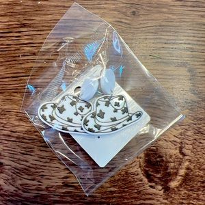 Brand New White And Black Cowboy Hat Dangle Earrings